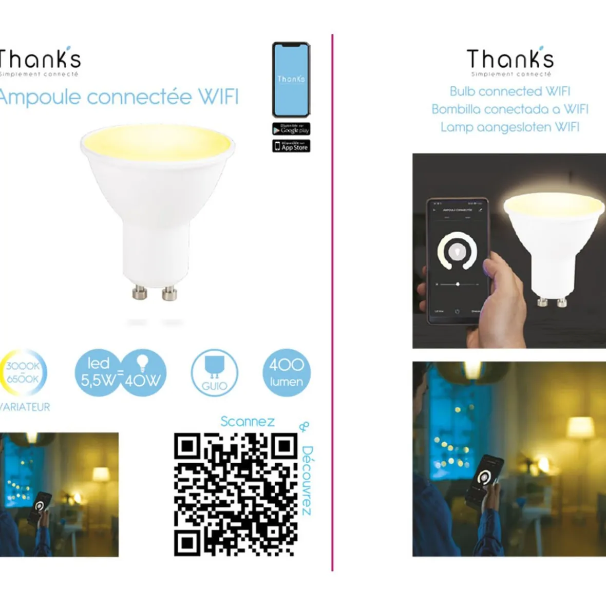 Ampoule LED connectée blanc ajustable GU10 40 W^Gifi Outlet