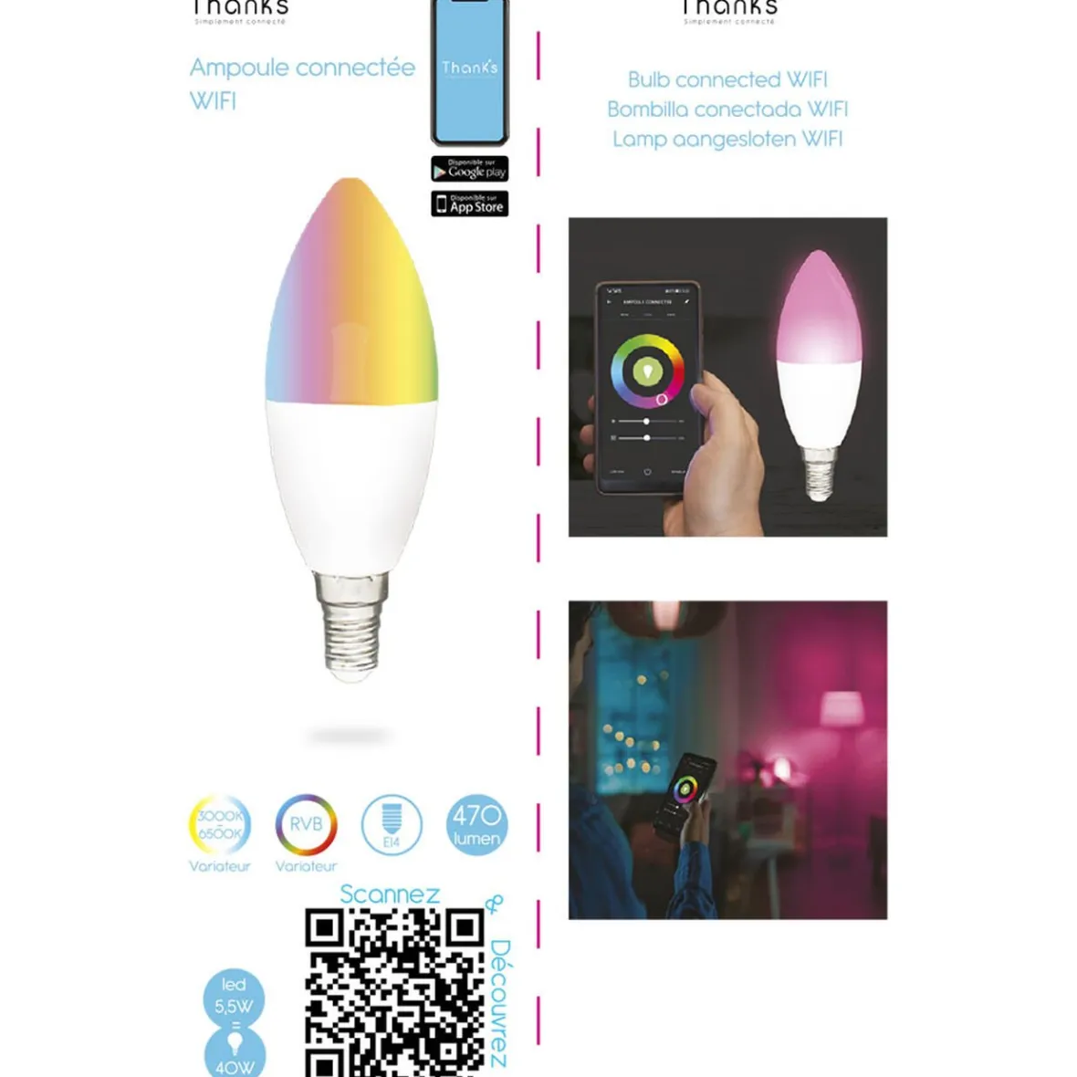 Ampoule ovale LED connectée couleurs changeantes E14 40 W^Gifi Outlet