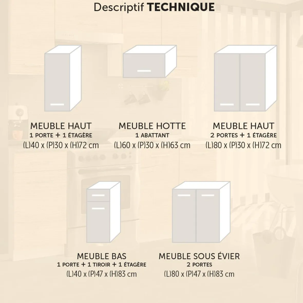 Gifi Rangement De Cuisine^Cuisine 5 éléments finition chêne Sonoma L. 1,80 m