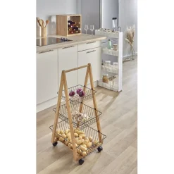 Gifi Rangement De Cuisine^Desserte bambou panier métal 3 niveaux 54,5x36,5xH85 cm