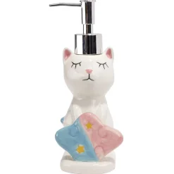 Distributeur à savon forme chat avec porte éponge grès blanc rose bleu^Gifi New