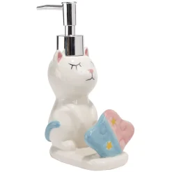 Distributeur à savon forme chat avec porte éponge grès blanc rose bleu^Gifi New