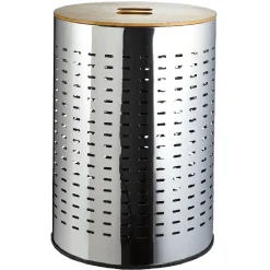 Best Panier à linge cylindrique métal et bois 55 L Entretien Du Linge